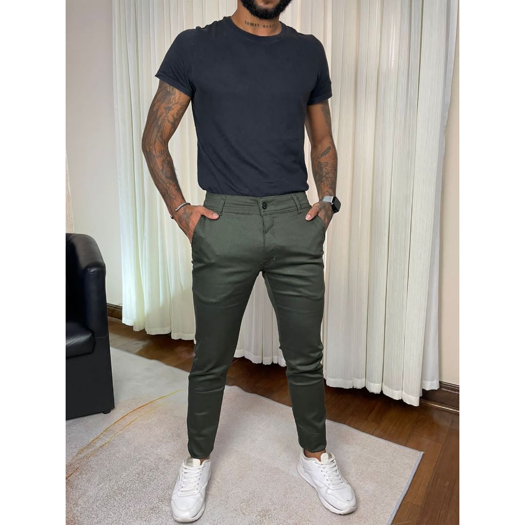 Calças Sport Fino Sarja Slim Masculina Bolso Faca