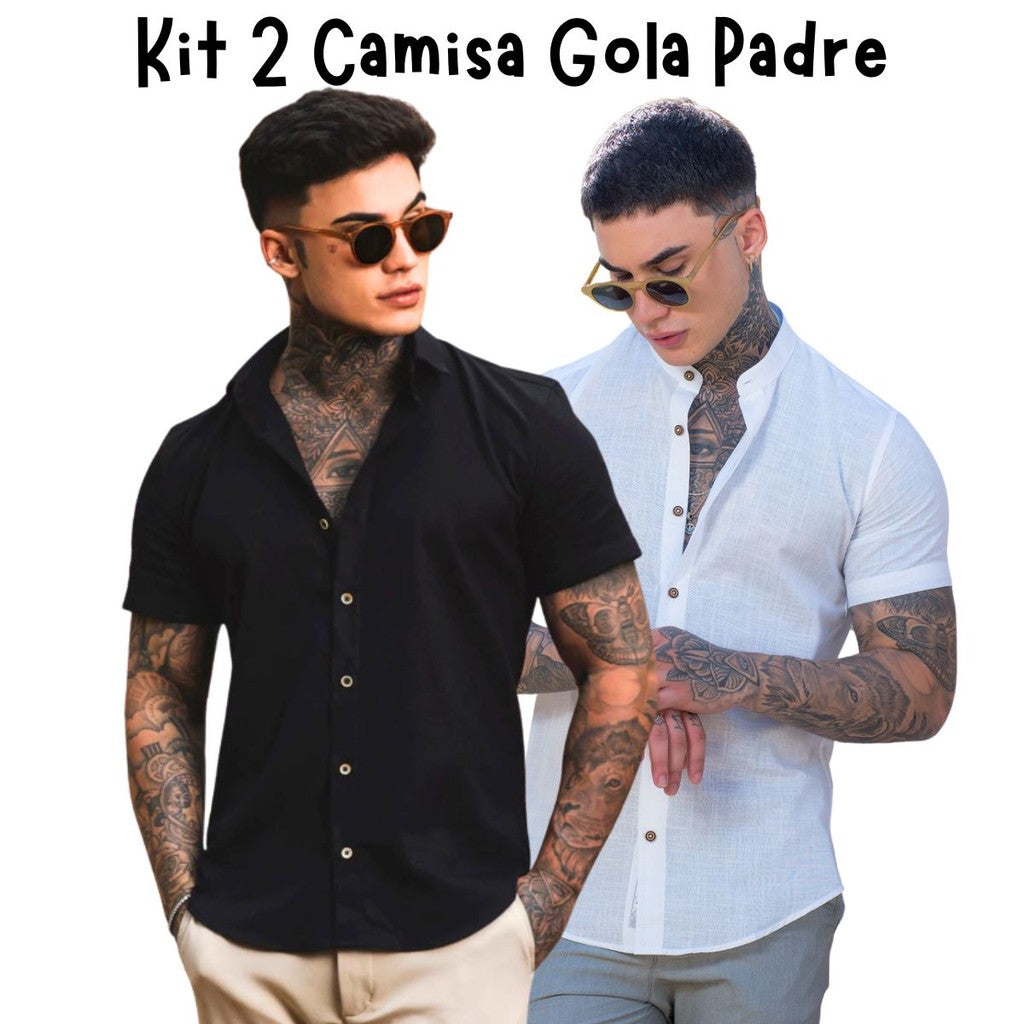 Kit 2 Camisas Sociais Masculinas em Linho Gola Padre – Slim Fit & Conforto Premium