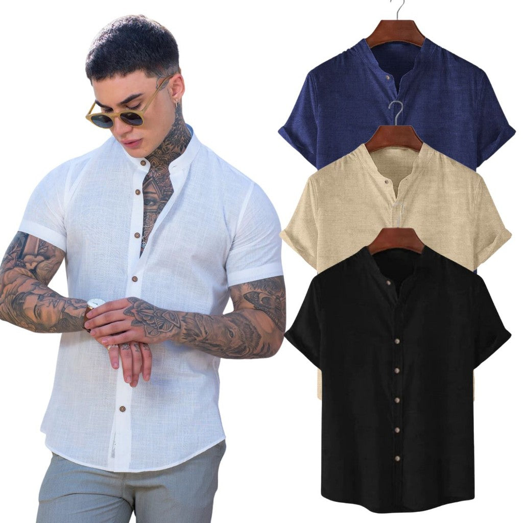 Kit 2 Camisas Sociais Masculinas em Linho Gola Padre – Slim Fit & Conforto Premium